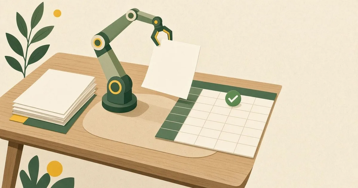 Illustration of a robot arm lifting a blank sheet of paper from a tidy wooden desk towards a spreadsheet grid marked with a green tick