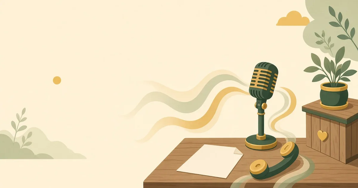 Illustration of a vintage microphone with soft sound ribbons flowing toward a blank sheet of paper and an old telephone handset on a wooden desk