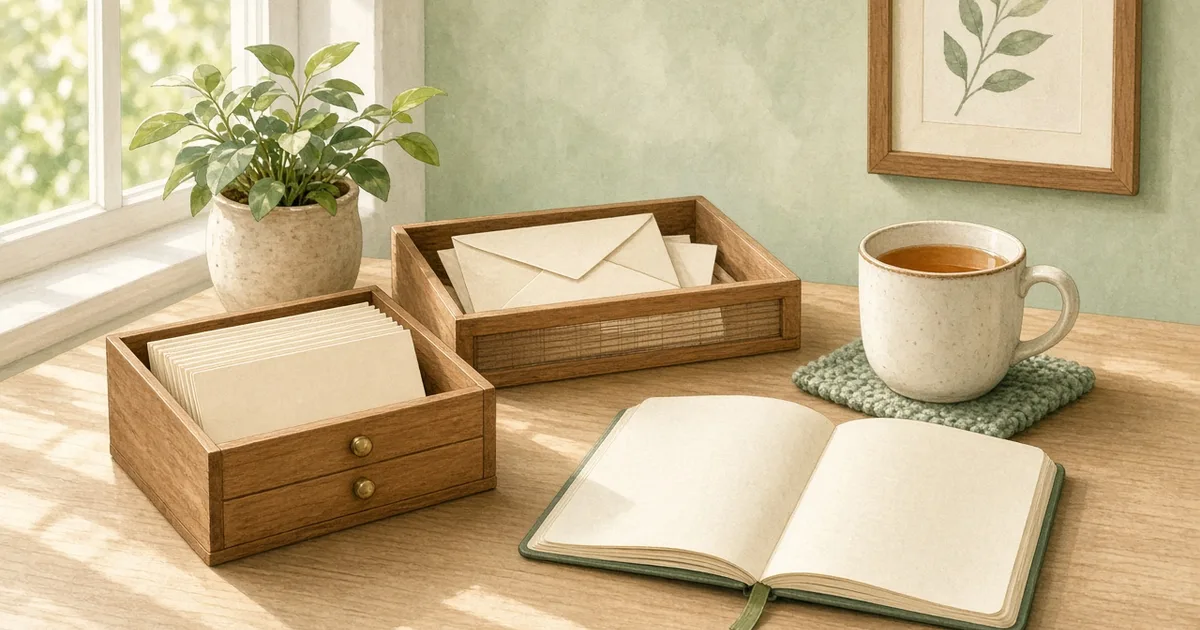 Illustration of a tidy wooden desk with a small card index box of blank cards, a tray of envelopes, an open blank notebook, a mug of tea and a houseplant by a window