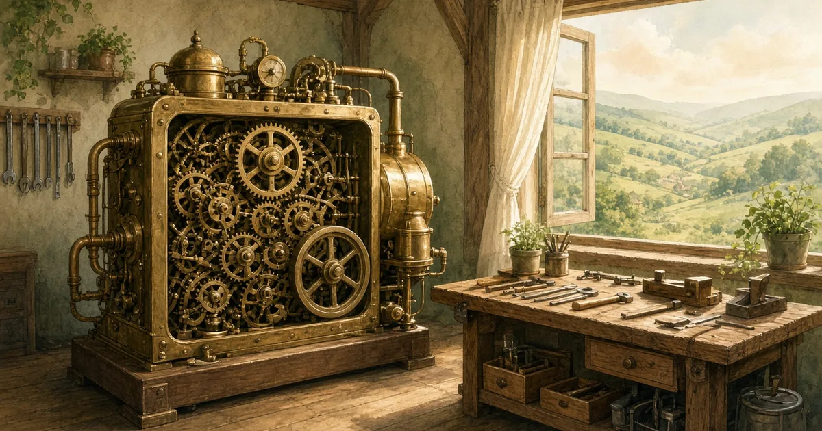 Illustration of a large brass clockwork engine with its side panel removed so the gears show, beside a wooden workbench with hand tools and a window onto green hills