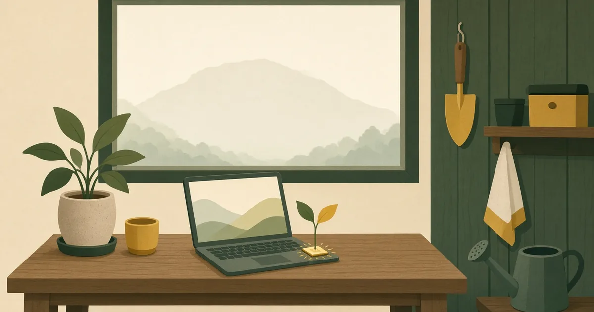 Illustration of a small open laptop on a wooden shed desk with a tiny glowing chip and a green sprout on the keyboard, beside a window with soft hills