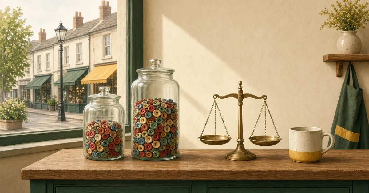 Illustration of a shop counter with two glass jars of colourful buttons, the right one fuller than the left, beside brass scales, with a British high street in the window