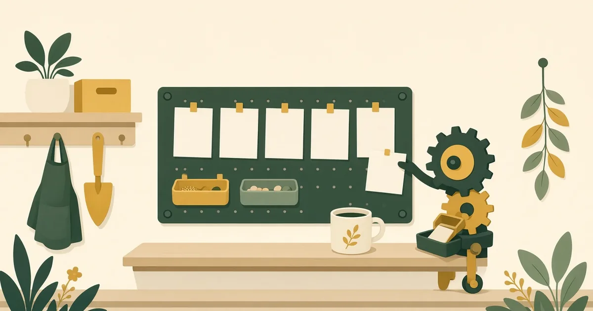 Illustration of a pegboard with five blank paper cards and a small gear mechanism sliding one card into a tray, beside a mug of tea
